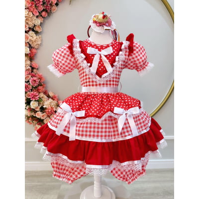 Vestido Infantil Junino Vermelho Xadrez C/ Babados Luxo
