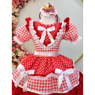 Vestido Infantil Junino Vermelho Xadrez C/ Babados Luxo
