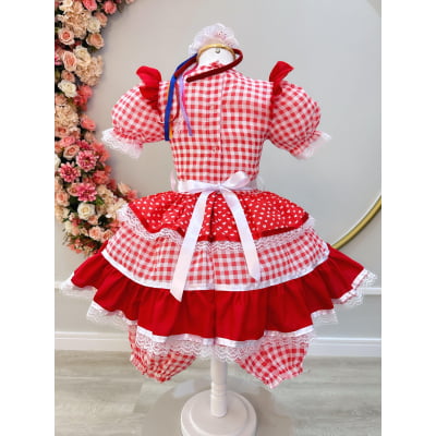 Vestido Infantil Junino Vermelho Xadrez C/ Babados Luxo