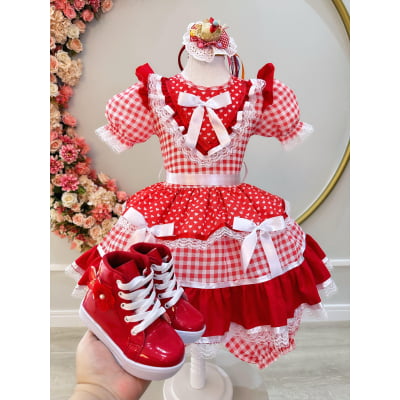 Vestido Infantil Junino Vermelho Xadrez C/ Babados Luxo