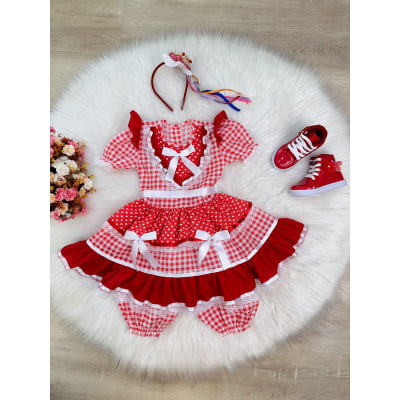 Vestido Infantil Junino Vermelho Xadrez C/ Babados Luxo