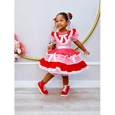 Vestido Infantil Junino Vermelho Xadrez C/ Babados Luxo