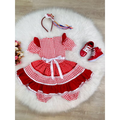 Vestido Infantil Junino Vermelho Xadrez C/ Babados Luxo