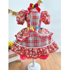 Vestido Infantil Junino Vermelho Xadrez Colorido Florzinhas