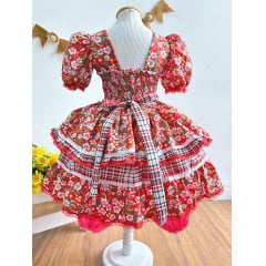 Vestido Infantil Junino Vermelho Xadrez Colorido Florzinhas
