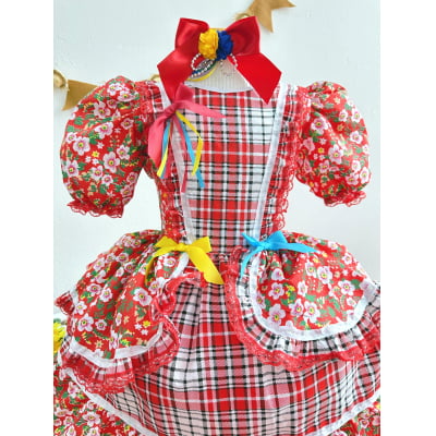 Vestido Infantil Junino Vermelho Xadrez Colorido Florzinhas
