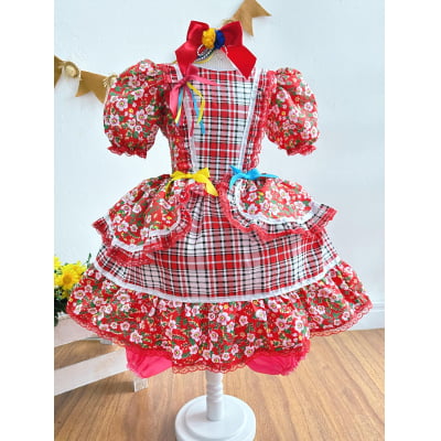 Vestido Infantil Junino Vermelho Xadrez Colorido Florzinhas