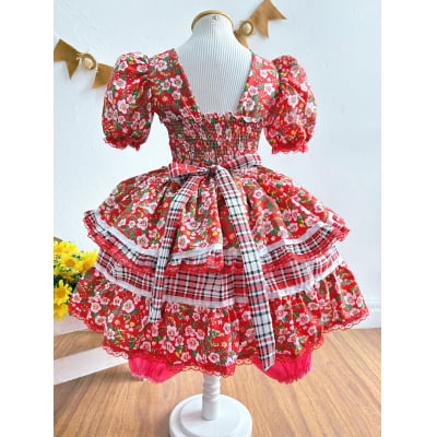 Vestido Infantil Junino Vermelho Xadrez Colorido Florzinhas
