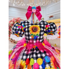 Vestido Infantil Junino Xadrez Branco e Preto Girassol Luxo