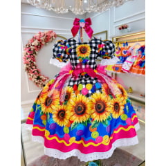 Vestido Infantil Junino Xadrez Branco e Preto Girassol Luxo