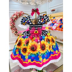 Vestido Infantil Junino Xadrez Branco e Preto Girassol Luxo