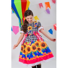 Vestido Infantil Junino Xadrez Branco e Preto Girassol Luxo