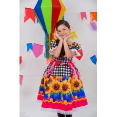 Vestido Infantil Junino Xadrez Branco e Preto Girassol Luxo