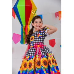 Vestido Infantil Junino Xadrez Branco e Preto Girassol Luxo