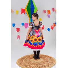 Vestido Infantil Junino Xadrez Branco e Preto Girassol Luxo