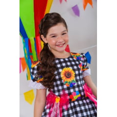 Vestido Infantil Junino Xadrez Branco e Preto Girassol Luxo