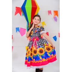 Vestido Infantil Junino Xadrez Branco e Preto Girassol Luxo