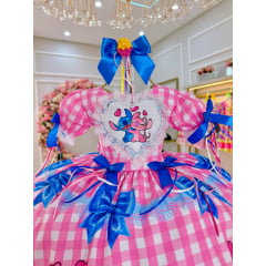 Vestido Infantil Lilo Stitch e Angel Xadrez Rosa Festas