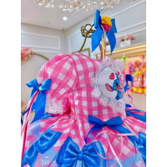 Vestido Infantil Lilo Stitch e Angel Xadrez Rosa Festas