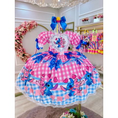 Vestido Infantil Lilo Stitch e Angel Xadrez Rosa Festas