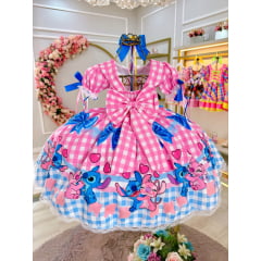 Vestido Infantil Lilo Stitch e Angel Xadrez Rosa Festas