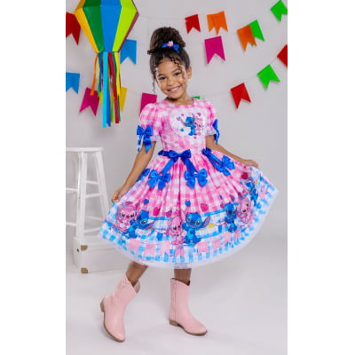 Vestido Infantil Lilo Stitch e Angel Xadrez Rosa Festas Vestido Infantil Lilo Stitch e Angel Xadrez Rosa Festas