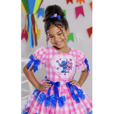 Vestido Infantil Lilo Stitch e Angel Xadrez Rosa Festas