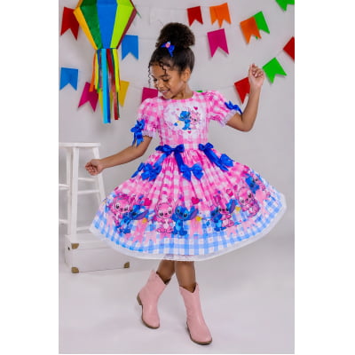 Vestido Infantil Lilo Stitch e Angel Xadrez Rosa Festas