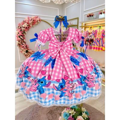 Vestido Infantil Lilo Stitch e Angel Xadrez Rosa Festas