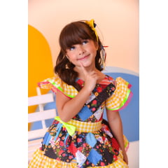 Vestido Infantil Luxo Junino Arraiá Amarelo Xadrez Colorido