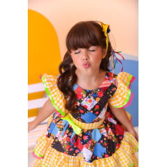 Vestido Infantil Luxo Junino Arraiá Amarelo Xadrez Colorido