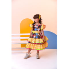 Vestido Infantil Luxo Junino Arraiá Amarelo Xadrez Colorido