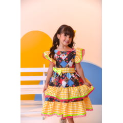 Vestido Infantil Luxo Junino Arraiá Amarelo Xadrez Colorido
