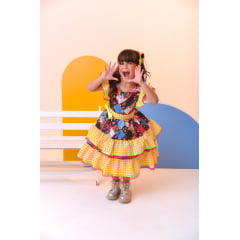 Vestido Infantil Luxo Junino Arraiá Amarelo Xadrez Colorido