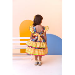 Vestido Infantil Luxo Junino Arraiá Amarelo Xadrez Colorido