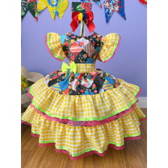 Vestido Infantil Luxo Junino Arraiá Amarelo Xadrez Colorido