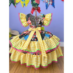 Vestido Infantil Luxo Junino Arraiá Amarelo Xadrez Colorido