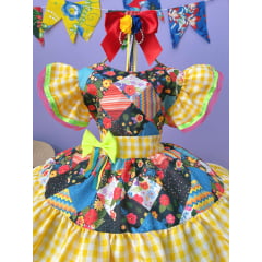 Vestido Infantil Luxo Junino Arraiá Amarelo Xadrez Colorido