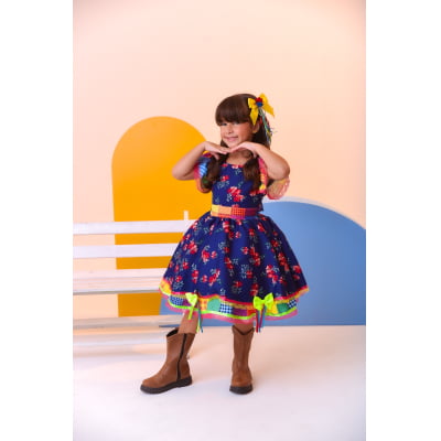 Vestido Infantil Luxo Junino Arraiá Azul Florido Colorido