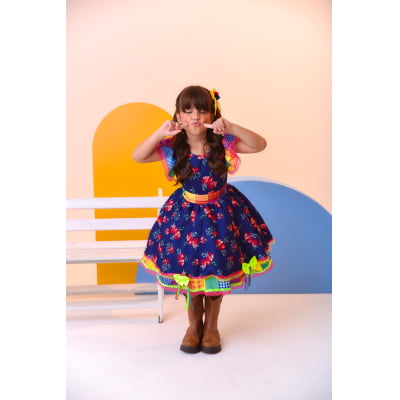 Vestido Infantil Luxo Junino Arraiá Azul Florido Colorido