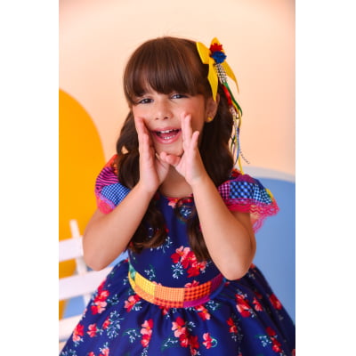 Vestido Infantil Luxo Junino Arraiá Azul Florido Colorido
