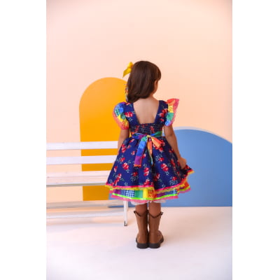 Vestido Infantil Luxo Junino Arraiá Azul Florido Colorido