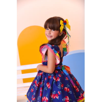 Vestido Infantil Luxo Junino Arraiá Azul Florido Colorido