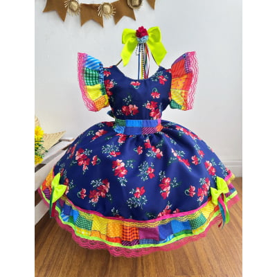 Vestido Infantil Luxo Junino Arraiá Azul Florido Colorido