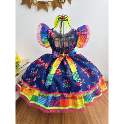 Vestido Infantil Luxo Junino Arraiá Azul Florido Colorido