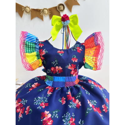 Vestido Infantil Luxo Junino Arraiá Azul Florido Colorido