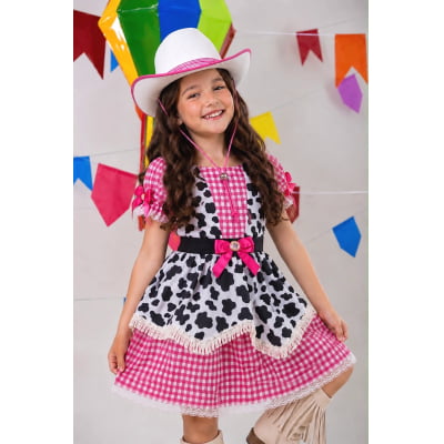 Vestido Infantil Xadrez Pink Fazendinha Vaquinha Boiadeira Laço