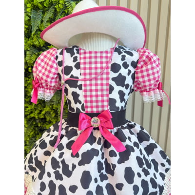 Vestido Infantil Xadrez Pink Fazendinha Vaquinha Boiadeira Laço