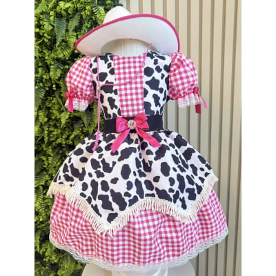 Vestido Infantil Xadrez Pink Fazendinha Vaquinha Boiadeira Laço