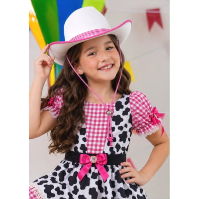 Vestido Infantil Xadrez Pink Fazendinha Vaquinha Boiadeira Laço